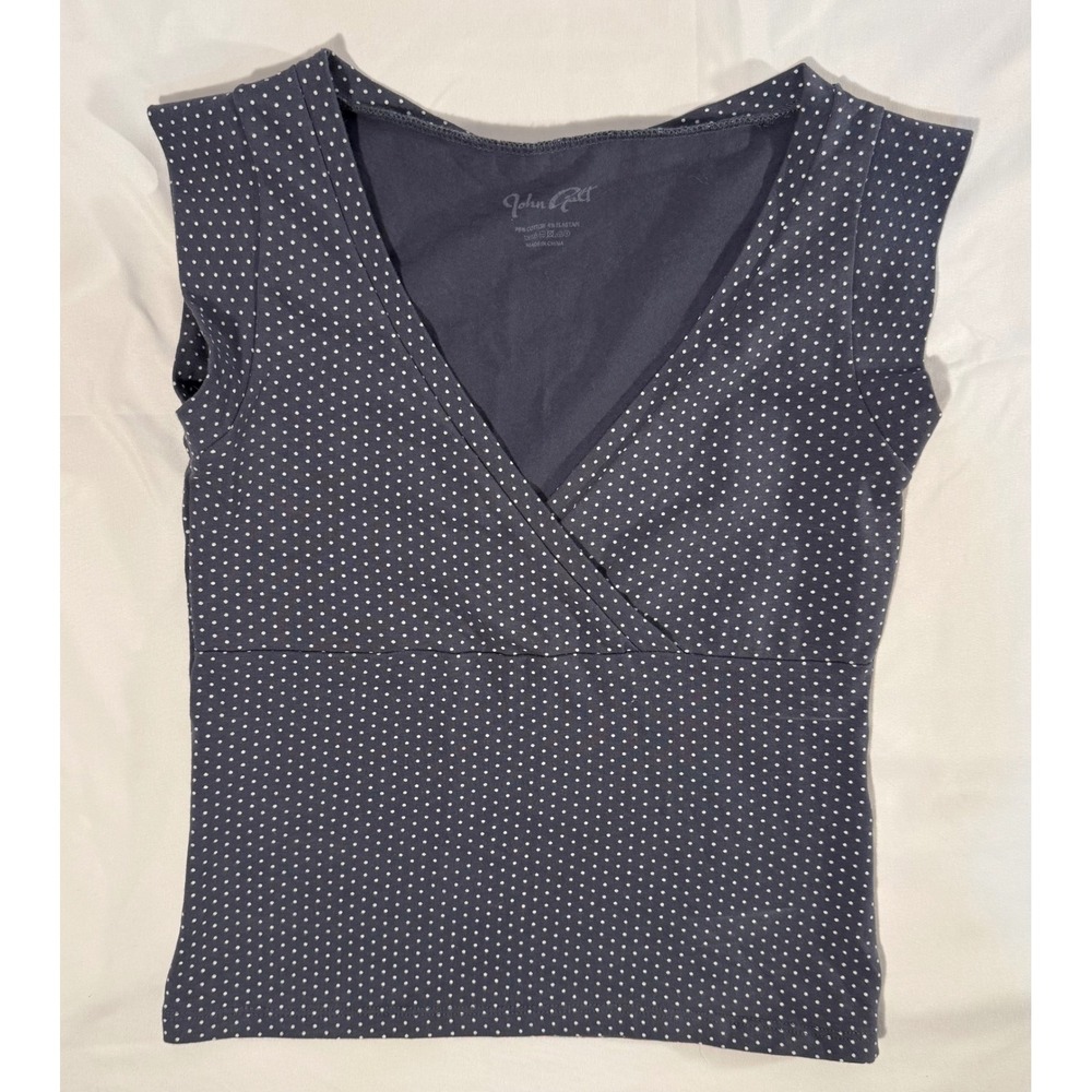 John Galt Brandy Melville Polka Dot Wrap V-Neck Sleeveless Top Navy Blue White